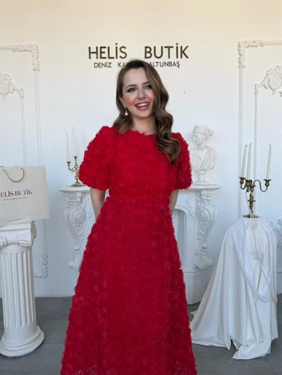 Üç Boyutlu Gül Aplike Kabartmalı Balon Kol Elbise - Kırmızı