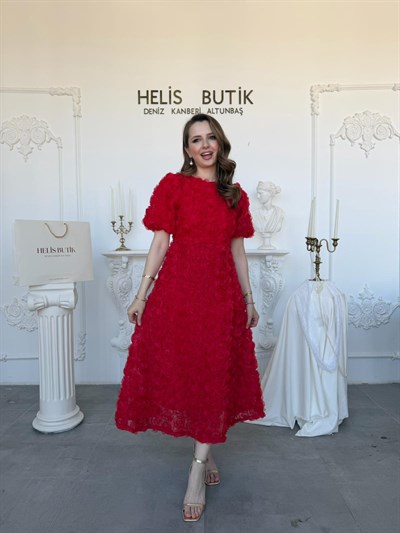 Üç Boyutlu Gül Aplike Kabartmalı Balon Kol Elbise - Kırmızı