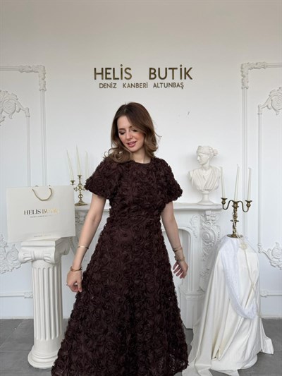 Üç Boyutlu Gül Aplike Kabartmalı Balon Kol Elbise - Acı Kahve