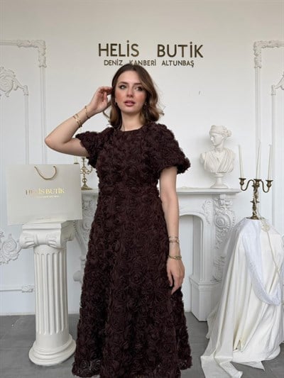 Üç Boyutlu Gül Aplike Kabartmalı Balon Kol Elbise - Acı Kahve