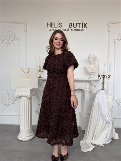 Üç Boyutlu Gül Aplike Kabartmalı Balon Kol Elbise - Acı Kahve