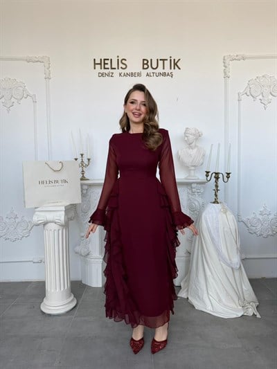 Uzun Kollu Fırfır Detaylı Bordo Şifon Maxi Elbise