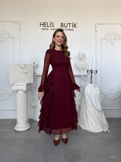 Uzun Kollu Fırfır Detaylı Bordo Şifon Maxi Elbise