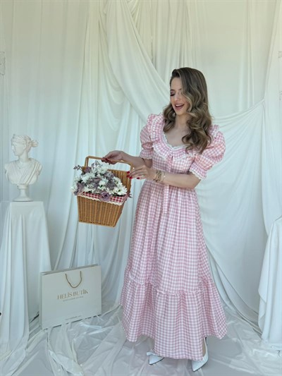 Vintage Fırfırlı Pötikare Keten Elbise - Pembe