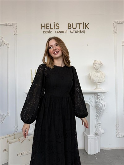 Vintage Stil Kare Desenli Astarlı Güpür Elbise - Siyah