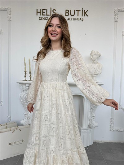 Vintage Stil Kare Desenli Astarlı Güpür Elbise - Bej