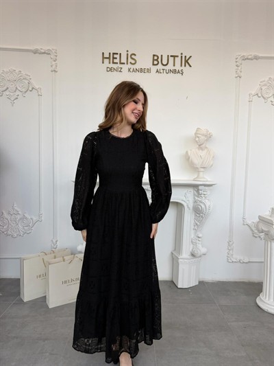 Vintage Stil Kare Desenli Astarlı Güpür Elbise - Siyah