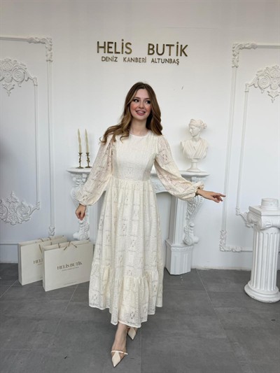 Vintage Stil Kare Desenli Astarlı Güpür Elbise - Bej