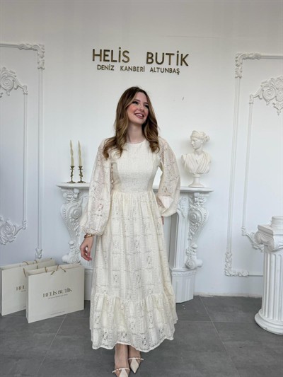 Vintage Stil Kare Desenli Astarlı Güpür Elbise - Bej