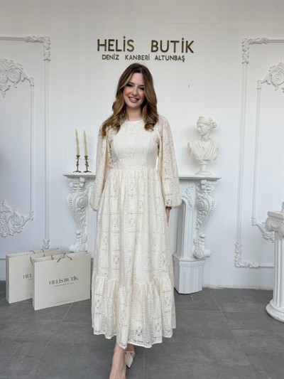 Vintage Stil Kare Desenli Astarlı Güpür Elbise - Bej