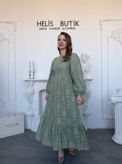 Vintage Stil Kare Desenli Astarlı Güpür Elbise - Yeşil