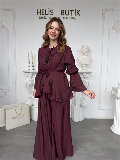 Volan Kollu Dökümlü Kumaş Geniş Paça Belden Bağlamalı İkili Takım - Mürdüm