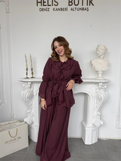 Volan Kollu Dökümlü Kumaş Geniş Paça Belden Bağlamalı İkili Takım - Mürdüm