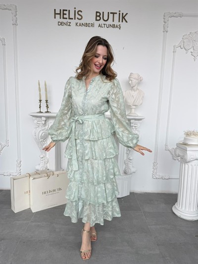 Yaldız Gold Nakış İşlemeli Kat Kat Volan Detaylı Kuşaklı Mint Elbise