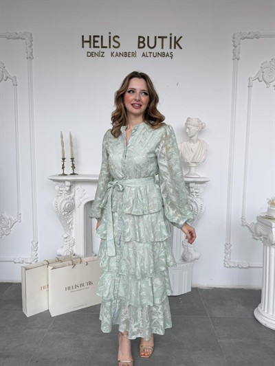 Yaldız Gold Nakış İşlemeli Kat Kat Volan Detaylı Kuşaklı Mint Elbise