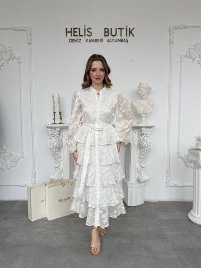 Yaldız Gold Nakış İşlemeli Kat Kat Volan Detaylı Kuşaklı Ekru Elbise