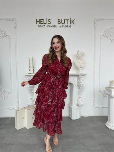 Yaldız Gold Nakış İşlemeli Kat Kat Volan Detaylı Kuşaklı Bordo Elbise