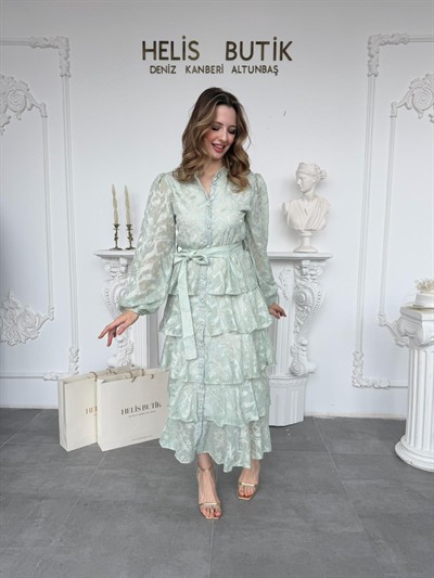 Yaldız Gold Nakış İşlemeli Kat Kat Volan Detaylı Kuşaklı Mint Elbise