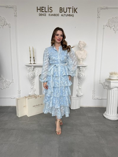 Yaldız Gold Nakış İşlemeli Kat Kat Volan Detaylı Kuşaklı Mavi Elbise