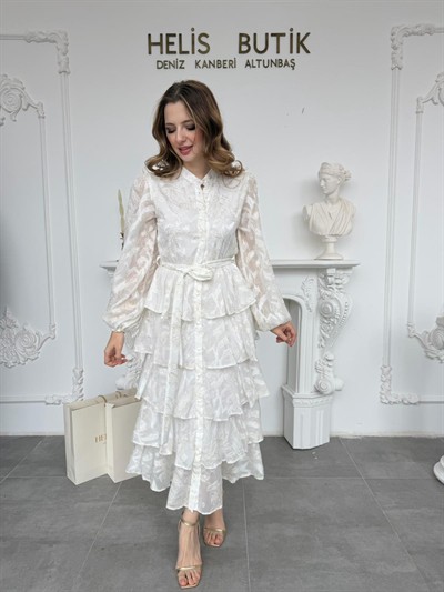 Yaldız Gold Nakış İşlemeli Kat Kat Volan Detaylı Kuşaklı Ekru Elbise