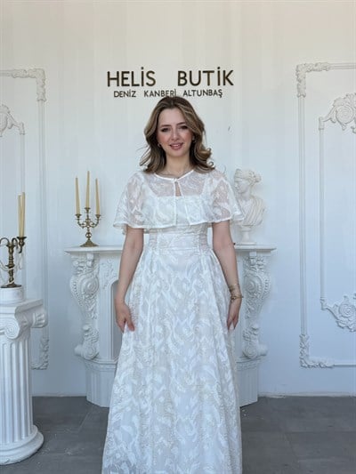 Yaldız Nakış İşlemeli Bolerolu Abiye Elbise - Ekru