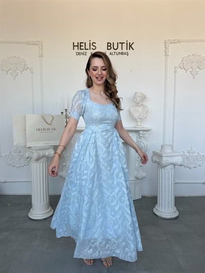 Yaldızlı Nakış İşlemeli Kare Yaka Prenses Kesim Elbise - Mavi