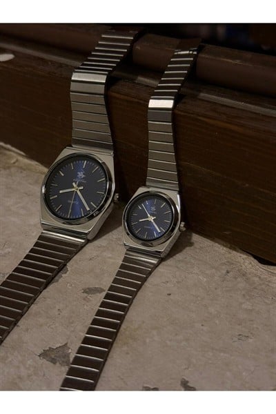 Silver&Blue Quartz Couple Watch – Unisex Paslanmaz Çelik Saat Seti