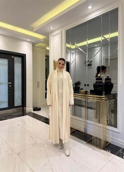 İki Parça Elbiseli Triko Takım Krem