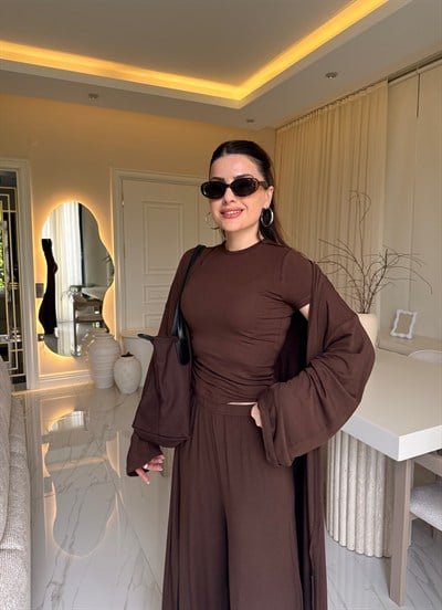 Kahve 3 Parça Pamuklu Takım