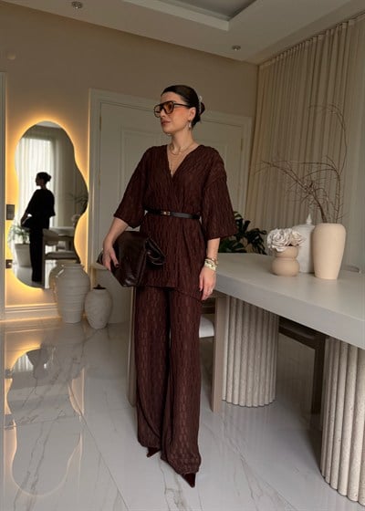 Kahve Bürümcük Kimono Takım