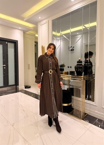 Kahve Kemerli Astarlı Şifon Elbise