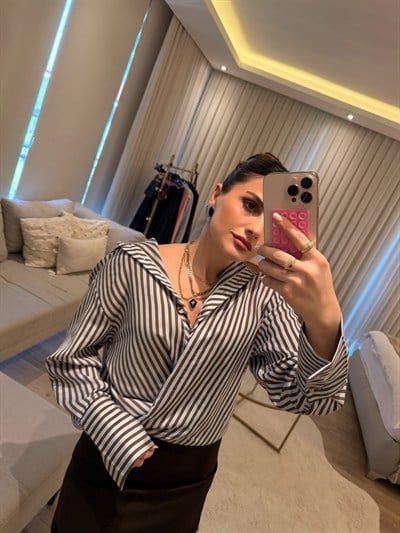 Kahve Mavi Çizgili Oversize Gömlek