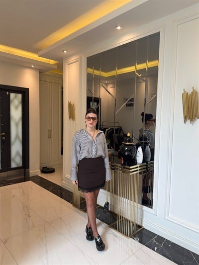 Kahve Ucu Dantelli Etek