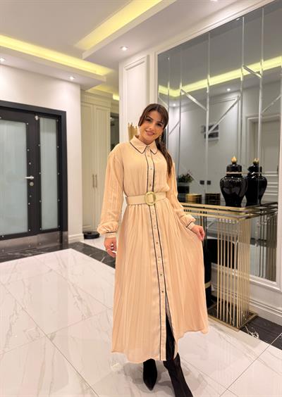 Krem Astarlı Şifon Elbise 