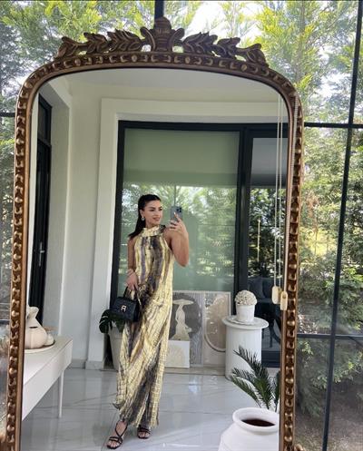 Yeşil Sarı Saten Elbise