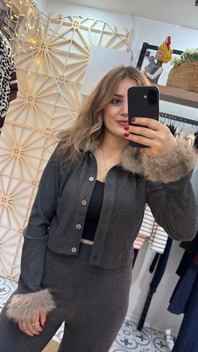 Antrasit Yaka ve Kol Kürk Detay Fitilli Takım