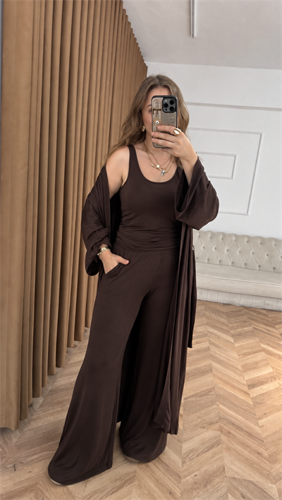 Kahve İnce Modal Üçlü Kimono Atlet Pantolon Takım