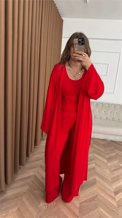 Kırmızı İnce Modal Üçlü Kimono Atlet Pantolon Takım