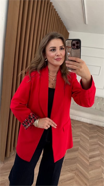Kırmızı Leopar Astarlı Blazer Ceket