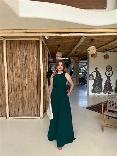 Yeşil Gizli Fermuarlı Kuşaklı  Tulum