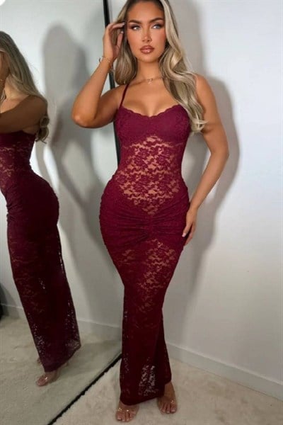 GRETA DANTEL UZUN ELBİSE BORDO