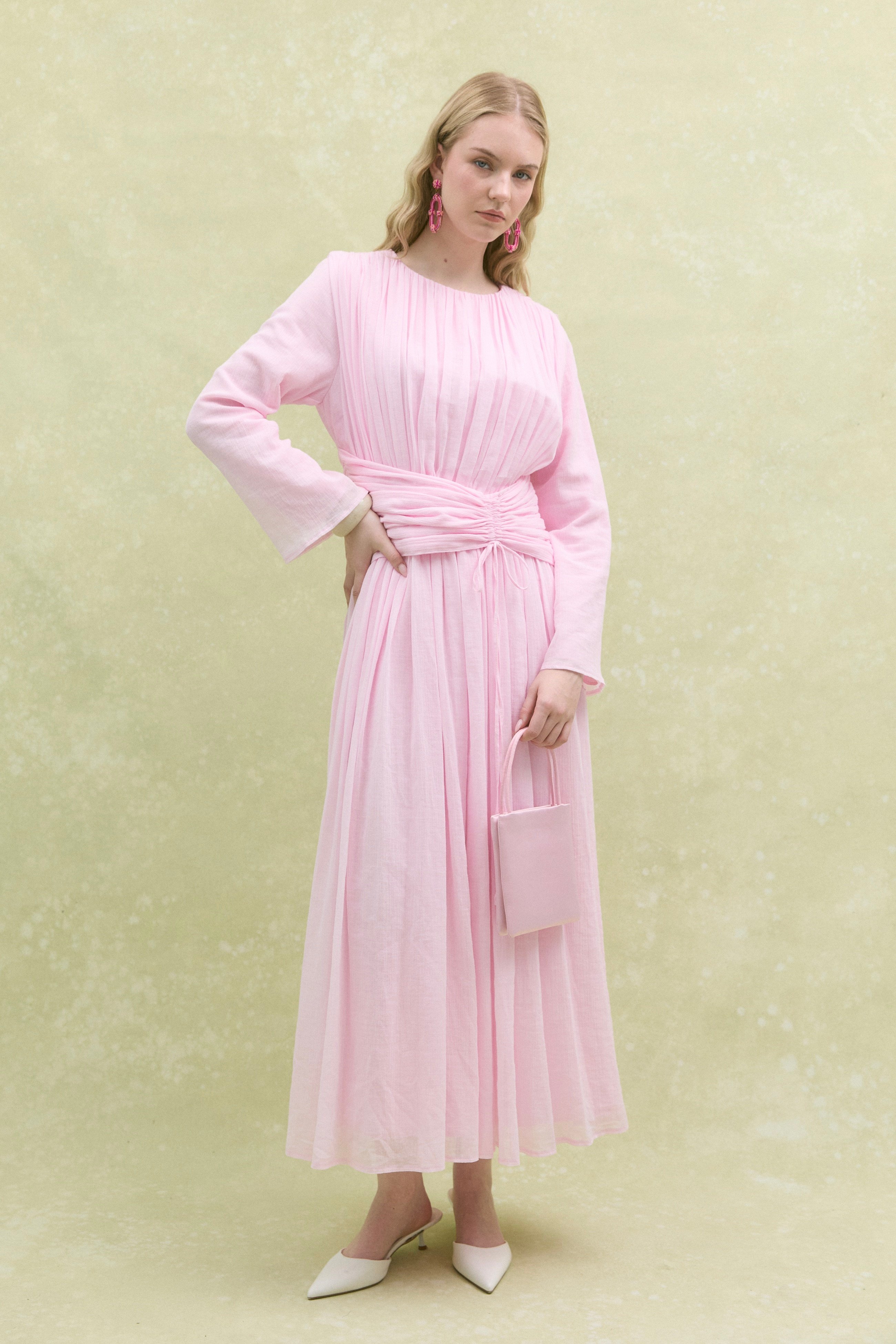 Büzgü Detaylı Bağlamalı Elbise Soft Pembe