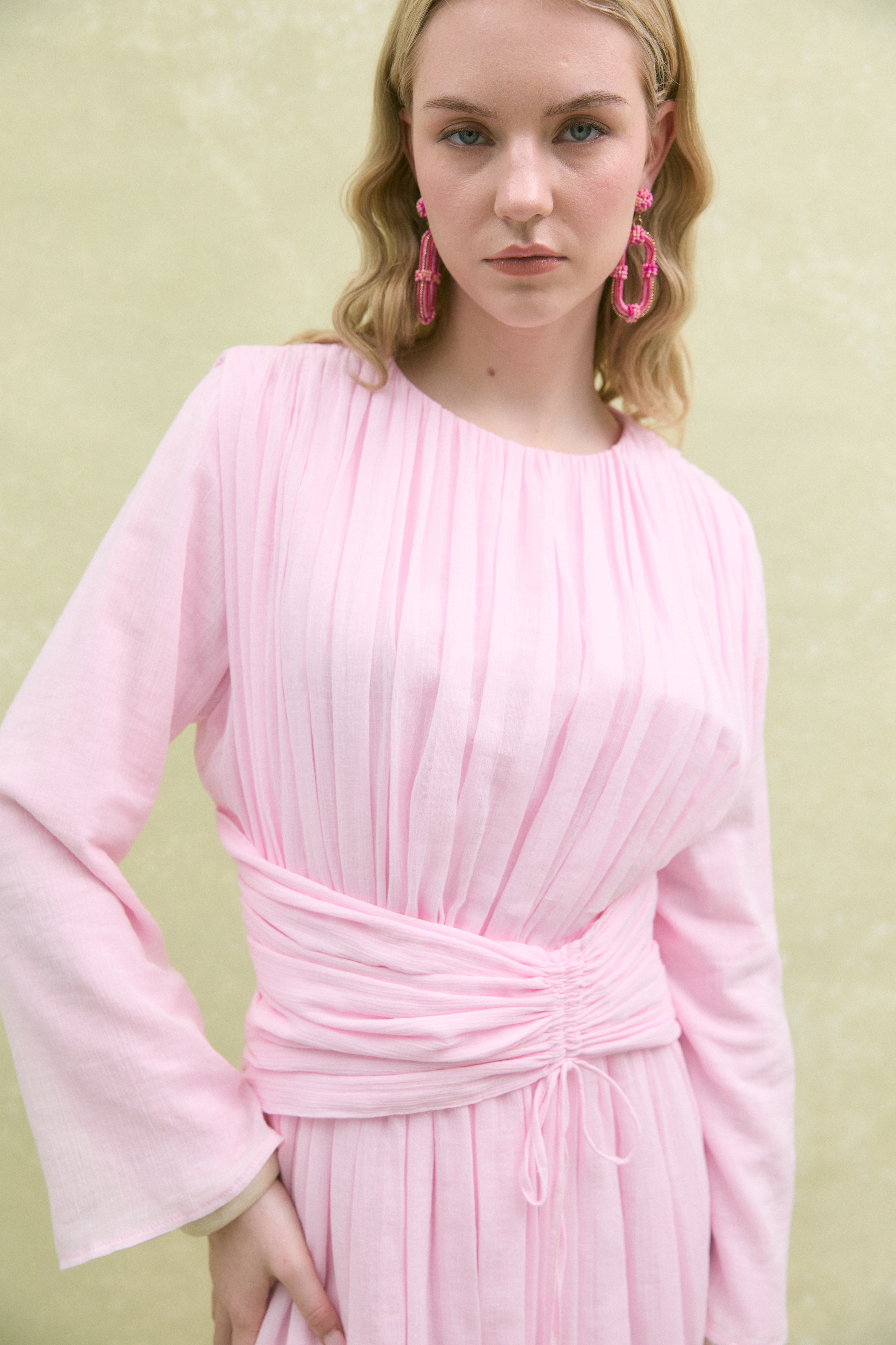 Büzgü Detaylı Bağlamalı Elbise Soft Pembe