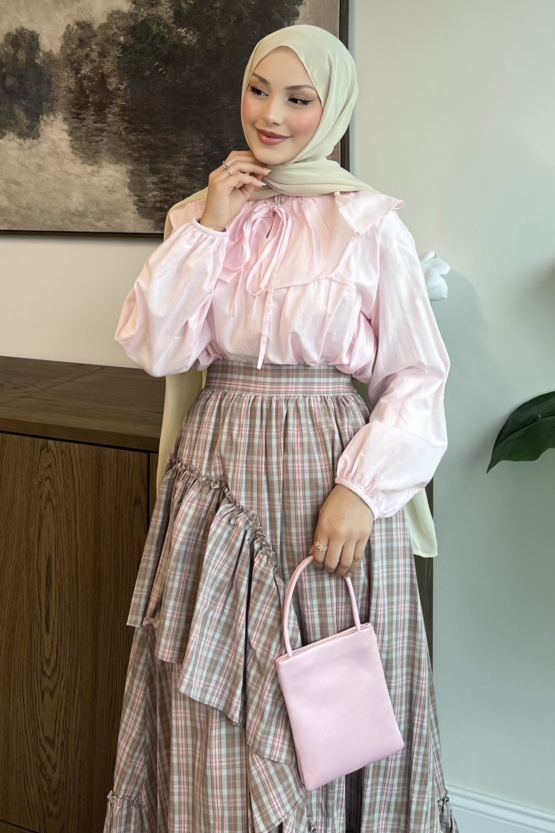Ekose Vual Etekli Takım Toz Pembe