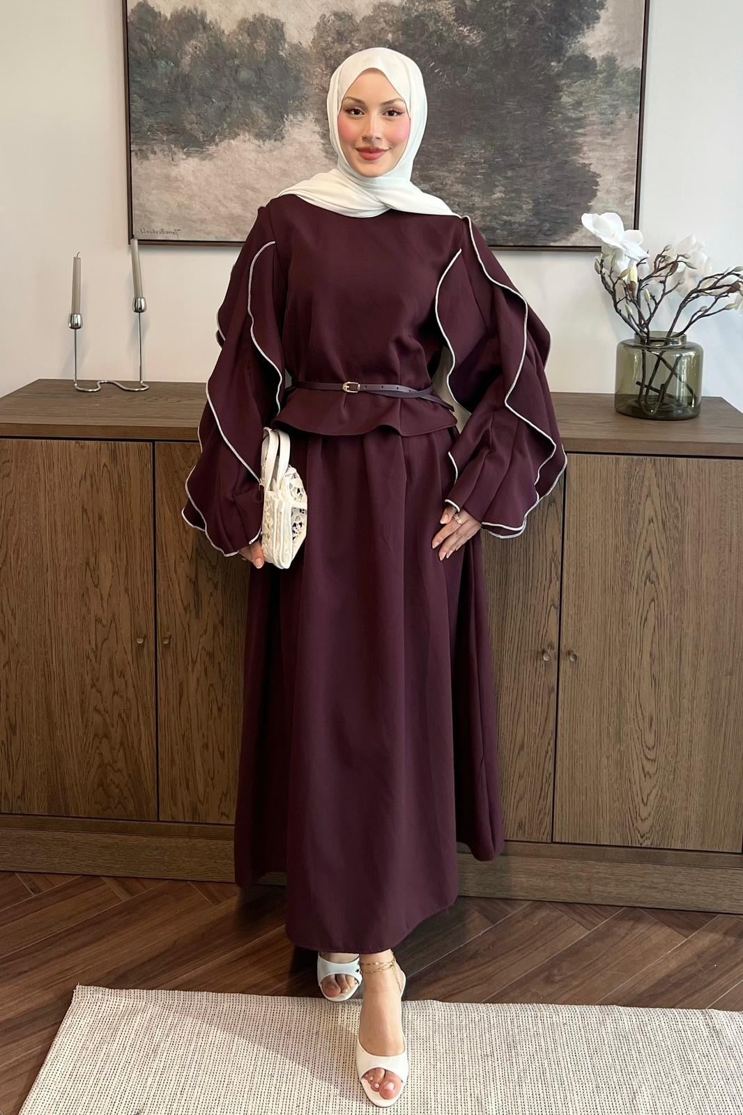 Elara Kolları Fırfırlı Etekli Takım Bordo
