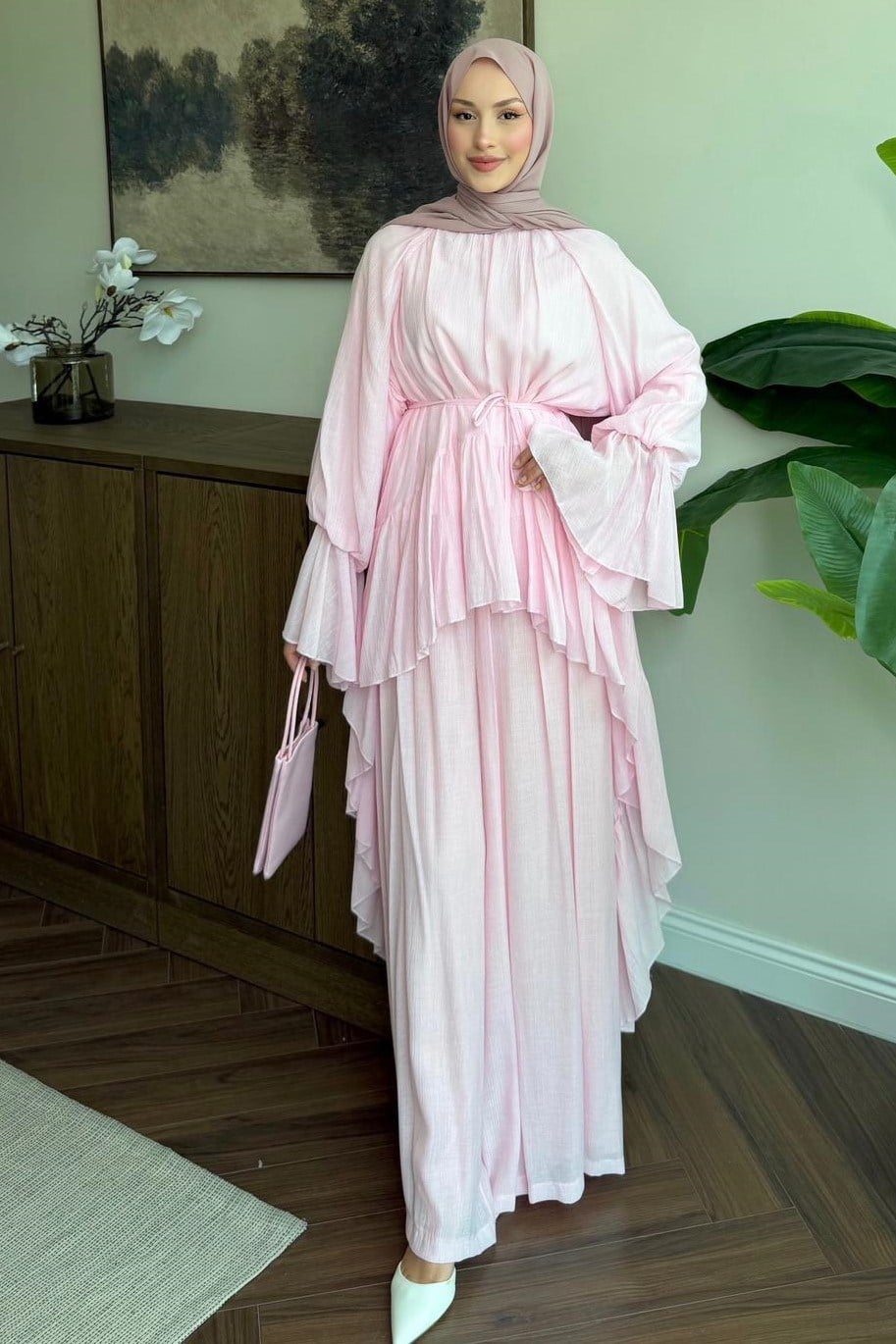 Fırfırlı Kol Detaylı Pantolonlu Takım Pembe