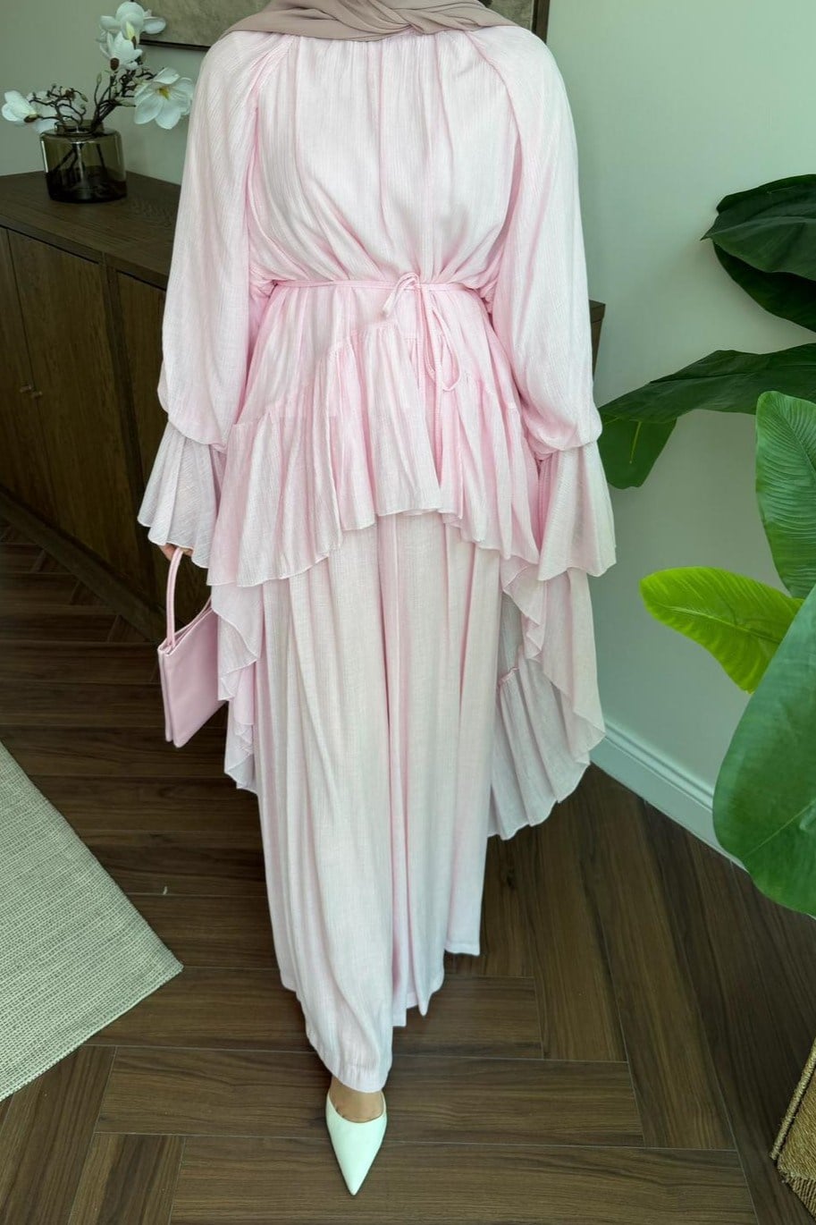 Fırfırlı Kol Detaylı Pantolonlu Takım Pembe