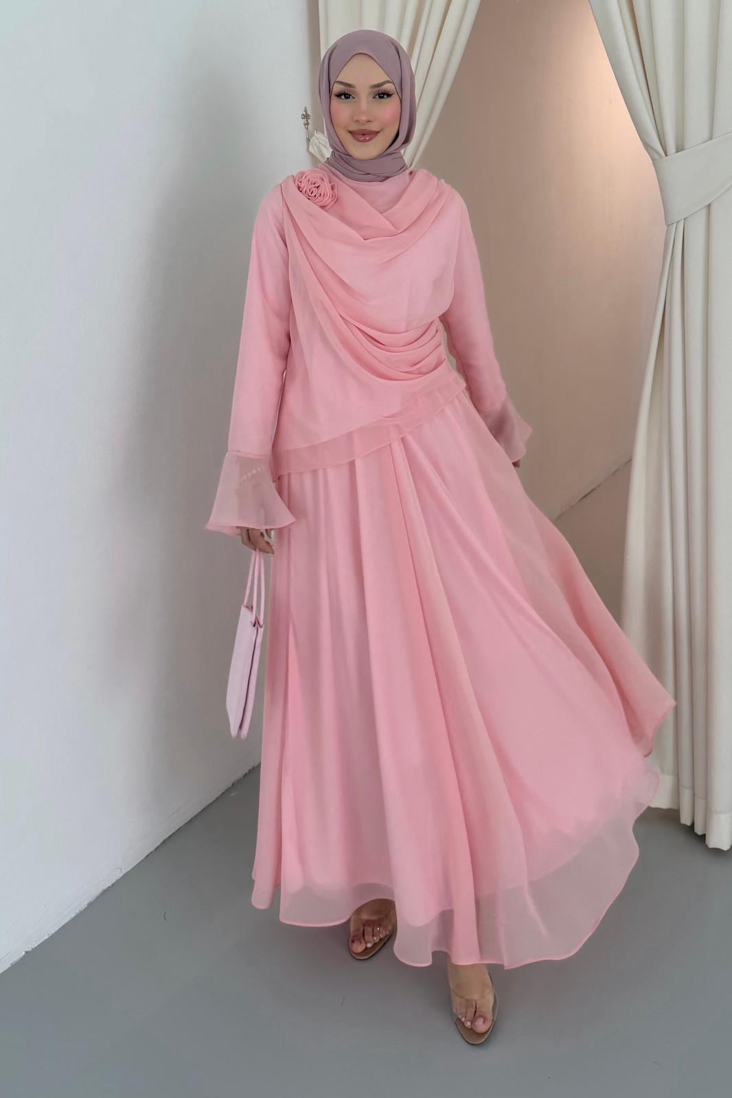 Güllü Şifon Takım Pembe