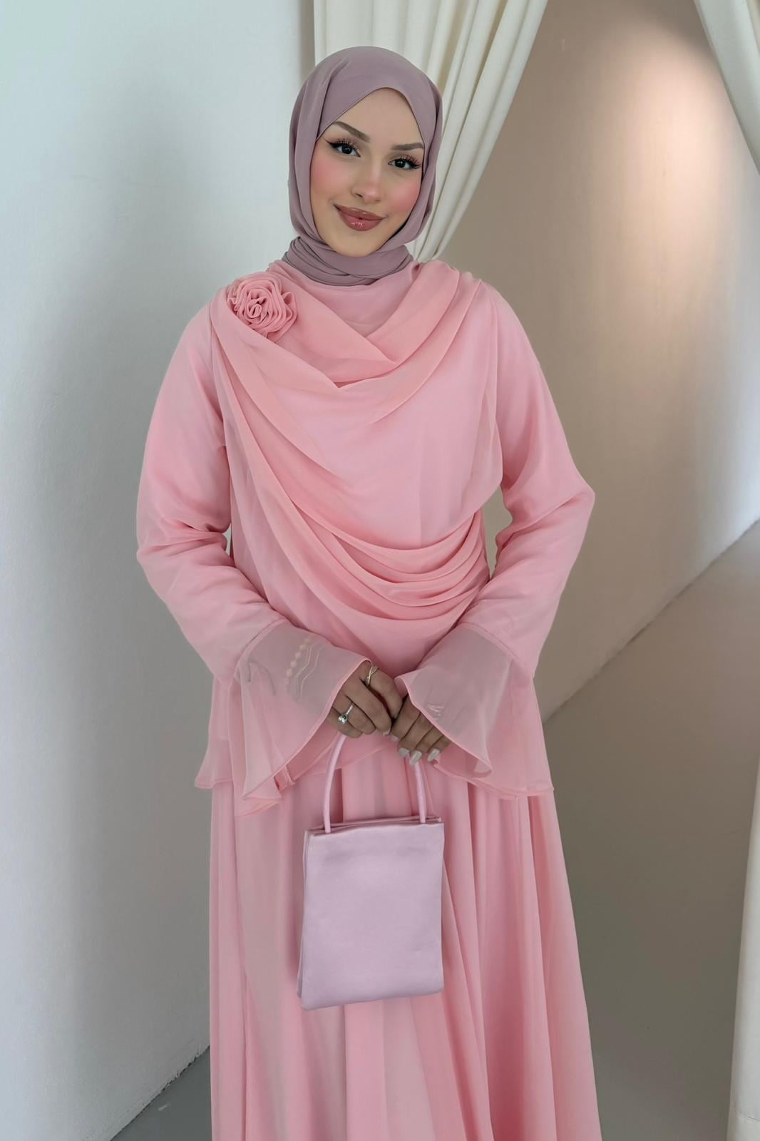 Güllü Şifon Takım Pembe