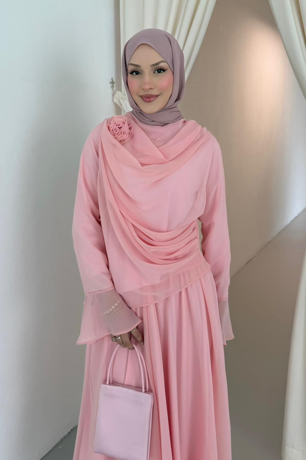 Güllü Şifon Takım Pembe